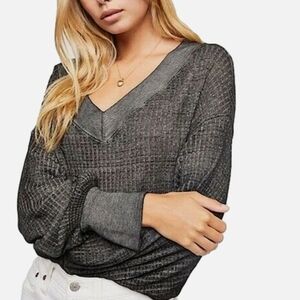We The Free People Black Gray Double V Neck Shirt Top Blouse Oversized XS
